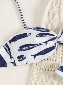 Swim Vcay 新款春夏蓝色鱼纹吊带扭结露脐上衣和低腰短裤度假两件套 - 彩色 - 查看 3