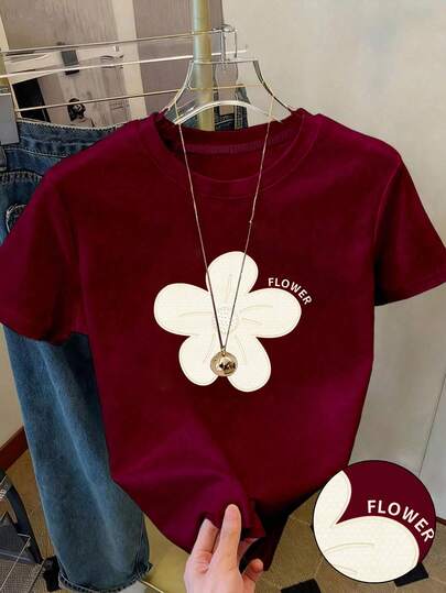 Camiseta corta burdeos para niñas preadolescentes, estampado floral, estilo francés, parte superior cómoda y casual para usar en casa, disponible, adecuada para niñas preadolescentes y mujeres adolescentes