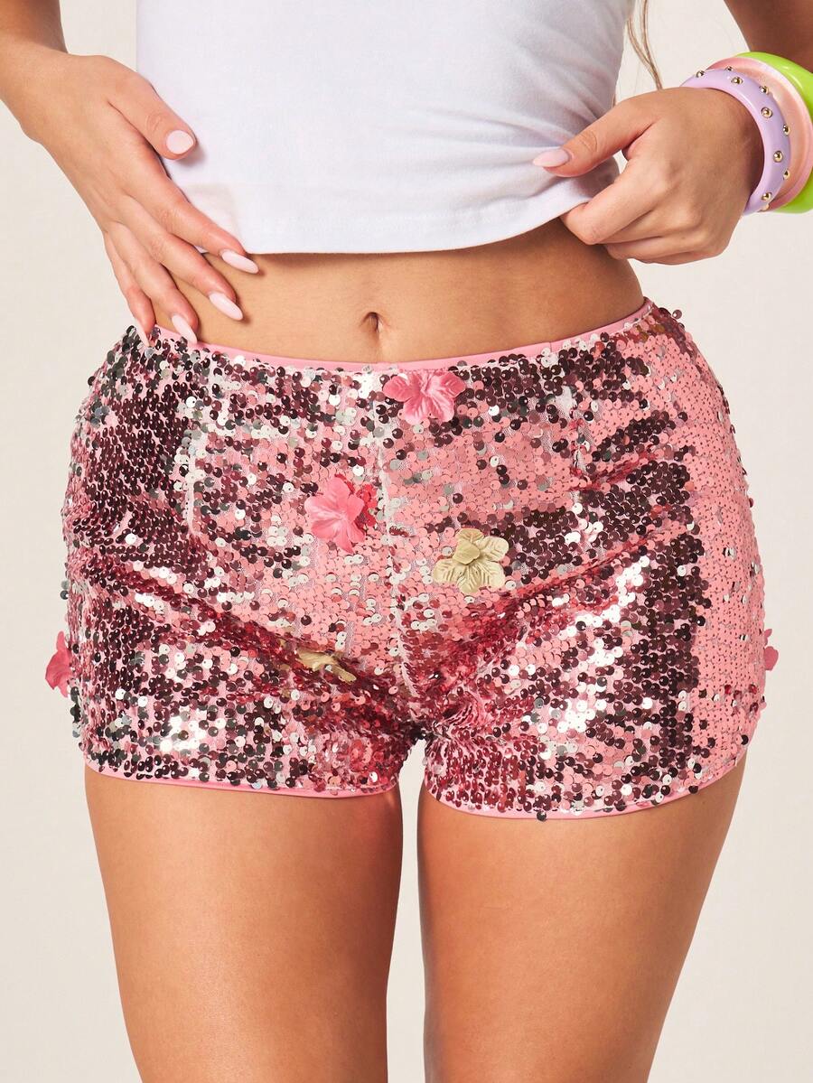 MISSGUIDED Women's Pink Sequin Hot Pants With 3D Flower Appliques Festival Party Night Shorts Sparkle Glitter Club Wear Summer Sexy - Pink - View 1