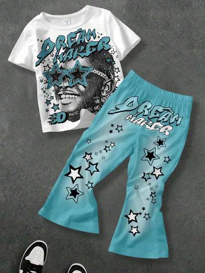 SHEIN 男童休闲短袖上衣和喇叭裤两件套，适合春夏穿着，经典时尚，酷炫廓形，搭配星形太阳镜图案印花。休闲两件套：渐变星形印花T恤和喇叭裤，街头风，适合夏季外出穿着。