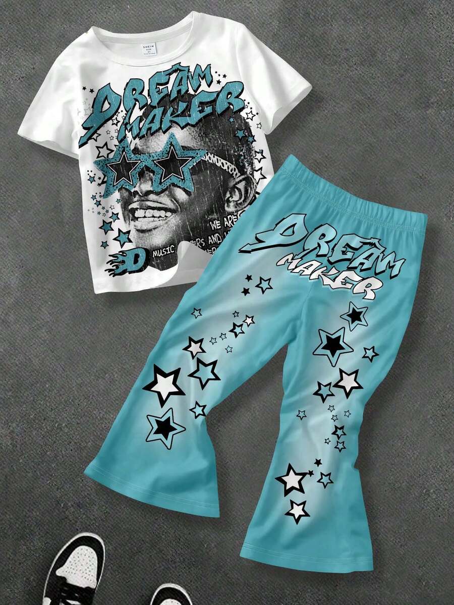 SHEIN 男童休闲短袖上衣和喇叭裤两件套,适合春夏穿着,经典时尚,酷炫廓形,搭配星形太阳镜图案印花。休闲两件套:渐变星形印花T恤和喇叭裤,街头风,适合夏季外出穿着。 - 彩色 - 查看 1