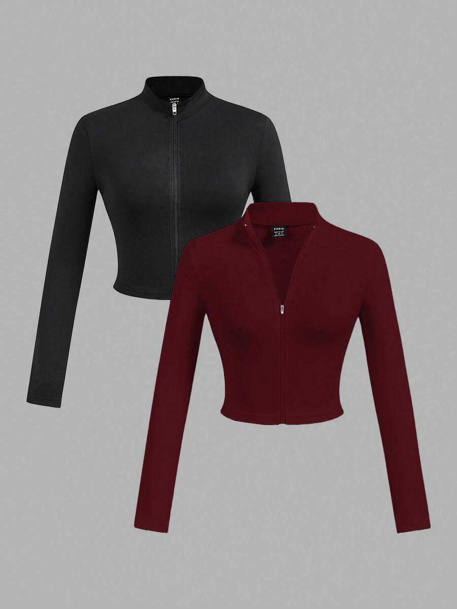 Slaydiva 2 件套女士简约休闲秋冬 V 领弹力半拉链 T 恤，紧身长袖，白色和黑色 - 酒紅色 - 查看 1