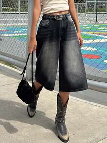 DAZY Teen Girls' Loose Fit Pocketed Wide Leg Cropped Denim Shorts - Black - View 7