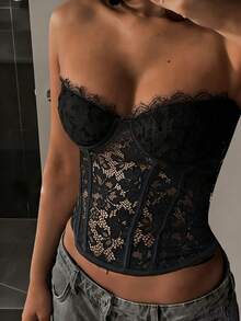 Siren Gaze 黑色花卉蕾丝钢圈胸衣吊带背心女款 - 黑色 - 查看 1