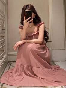 Áo ngủ dài ngang gối có bèo nhún dành cho nữ, kiểu dáng ngọt ngào cho mùa hè. - Hồng - Xem 1