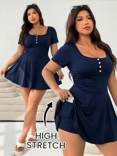 Solflare Plus Size Women Solid Color Button Pleated Pocket Waist Cinched Jumpsuit Romper