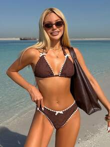Swim Vcay Women's Cute Brown Crochet Bikini Set,Summer Beach Holiday Knitted Halter Triangle Bathing Suit,2 Piece Scallop Trim Textured Swimwear With Bows - Multicolor - View 5