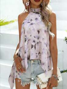 Breezaya Áo khoác mùa hè cho nữ, kiểu cổ yếm, hở lưng, thắt nơ, chất liệu chiffon, họa tiết hoa màu nước, cổ đứng, vạt áo bất đối xứng, kiểu dáng suông, thanh lịch, thoải mái, thích hợp cho kỳ nghỉ hoặc hẹn hò. - Màu tím - Xem 2