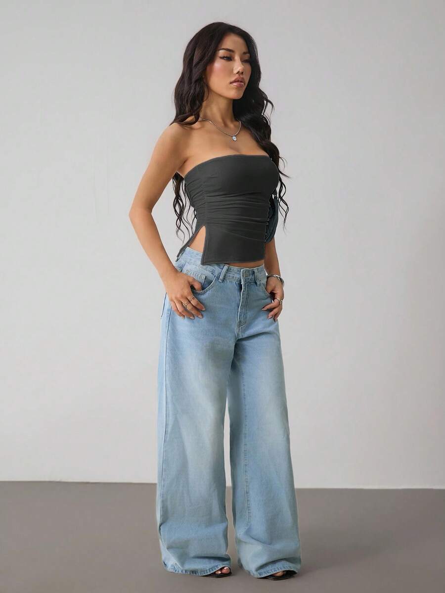 SHEIN PETITE Women's Solid Color Ruched Side Slit Hem Bandeau Top,Summer Top - Grey - View 1