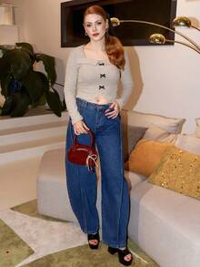 Gretanique Women's Square Neck Bow Asymmetrical Long Sleeve T-Shirt - Apricot - View 1