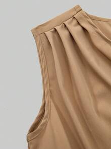 Asymmetric Shoulder Design With Metal Buckle Decor, Fashionable And Eye-Catching; Sleeveless Silhouette Is Fresh And Neat, Paired With A Matching Waist Belt To Create A Snug Fit Effect; Flowing Fabric Is Comfortable, A-Line Dress Is Dynamic, Simple Yet Elegant, Suitable For Daily Wear. - Khaki - View 5