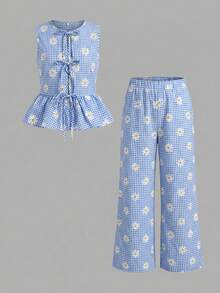 SHEIN Conjunto de top sin mangas con cuello redondo y volantes en el bajo, talla grande pantalones de pierna ancha, con estampado de cuadros de margaritas en azul y blanco, para niña preadolescente, estilo primavera/verano minimalista y fresco - Azul - Ver 7