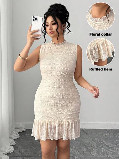 SHEIN PETITE CURVE Plus Size Women Solid Color Textured Jacquard Round Neck Sleeveless Fitted Ruffle Hem Short Dress