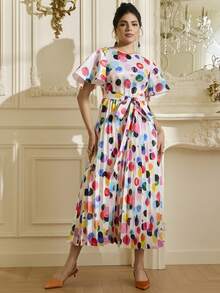 LOTSLUV Vestido Elegante Feminino de Cetim Colorido com Estampa de Aquarela Assimétrica de Bolinhas, Gola Redonda, Manga Curta, Cintura Marcada e Silhueta em A, Estampa Divertida - Multicolorido - Visão 6