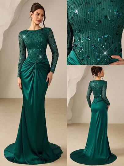 Coutiva Sequin Stitching Satin Waist Pleated Slim Elegant Long-Sleeved Dress Sequin Mermaid Evening Dress, Suitable For Wedding Guests, Semi-Formal Occasions, Cocktail Parties, Graduation Ceremonies And Other Social Activities. Luxury Dress Sexy Evening Dress Corset Dress Elegant And Generous Sequins Embellish Elegant Dress Dinner Dress Music Festival, Birthday Party, Wedding, Afternoon Tea Party, Dance, Spring And Summer. Green Dresses Classy Elegant Long Sleeve Formal Dress Emerald Green Formal Dress Green Gown Gala Dress Elegant Modest Formal Dress Green Dress For Wedding Guest Green Formal Dress For Women Elegant