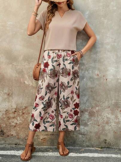 EMERY ROSE Blusa de mujer elegante con cuello en V plisado, de manga corta y color albaricoque