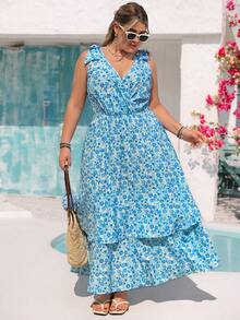 Vivid Eden Plus Size Women V-Neck Allover Print Ruched Fashion Date Party Dress - Blue and White - View 6