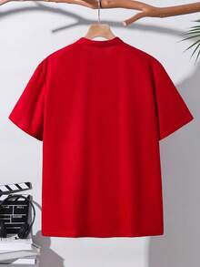 SHEIN Tricou polo lejer tricotat cu dungi și blocuri de culoare pentru adolescenți - roșu - Vizualizare 4
