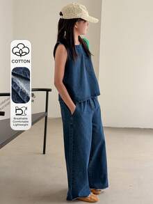 DAZY 少女休闲水洗牛仔背心和牛仔裤套装 - 藍色 - 查看 1
