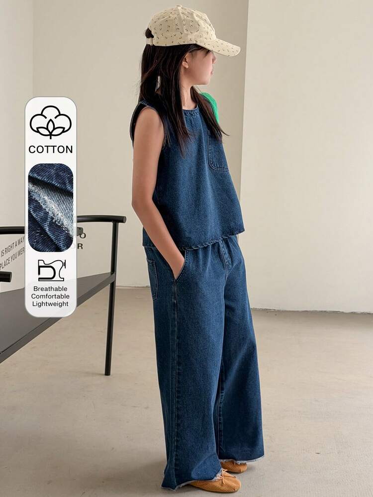 Tween Girls' Casual Washed Denim Vest And Jeans Set