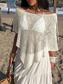 Sunnyshic Women's Green Hollow-Out Minimalist Sheer Casual Vacation Style Knit Cover Up Cover Up, Summer - White - View 6