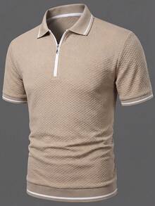 Calvornis 男士休闲商务 Polo 衫，适合日常穿着，舒适提花面料，休闲成熟风格，杏色针织 Polo 衫，罗纹细节，适合网球、高尔夫等正式场合。 - 卡其色 - 查看 5