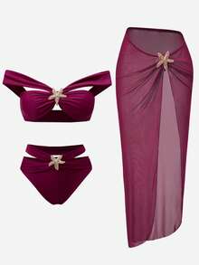 Swim Oasis 女士夏季沙滩纯色金属装饰时尚比基尼三角裤泳衣套装带裙子 - 酒紅色 - 查看 3