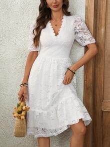 EMERY ROSE Women's Elegant Solid Color Lace Mid-Length Dress, Summer - White - View 7