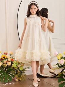 SHEIN Tween Girl Fashionable Elegant Mandarin Collar Sleeveless Dress - White - View 5