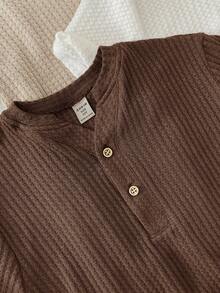 SHEIN 3pcs Tween Boys' Half-Sleeve Textured Wood Button Decor T-Shirts,Brown,Summer,Casual,School,White,Outdoor,Sports,All-Match Versatile - Brown - View 5
