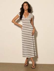 COSMINA Women's Elegant V-Neck Short Sleeve Striped Midi Knit Dress - Black and White - View 4