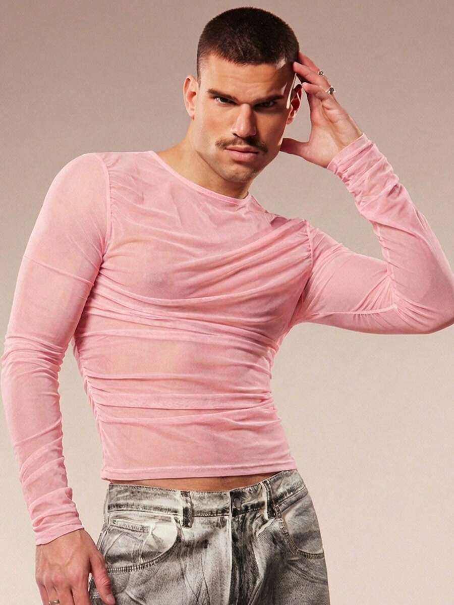 FeverCity Camiseta ajustada de malla transparente y fruncida para hombre - Rosa - Ver 1