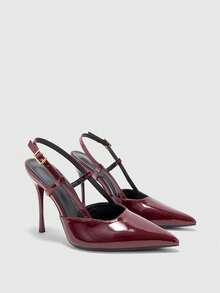 CUCCOO BIZCHIC 女士亮面尖头搭扣设计优雅高跟鞋 - 酒紅色 - 查看 2