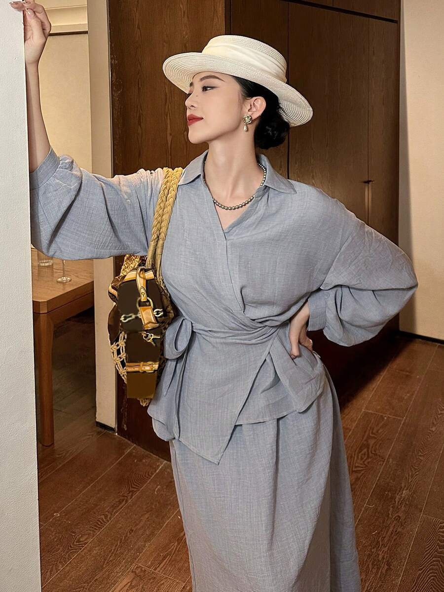 DAZY 女士休闲系带衬衫和裙子两件套，春夏款 - 藍色 - 查看 1