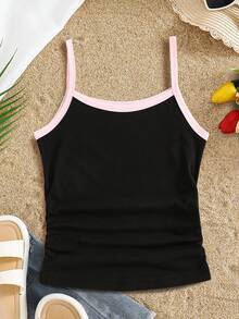 SHEIN Summer Tops Tween Girls' Pink Patchwork Black Camisole, Casual All-Match Versatile, Suitable For Daily Wear, School, Travel And Outings Summer - Black - View 3
