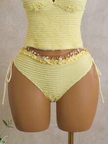 Swim Mod Women's 2pcs Summer Beach Swimsuit Set, Special Textured Halter Neck Tie Top And Ruffle Trim Drawstring Waist Bikini Bottom - Yellow - View 5