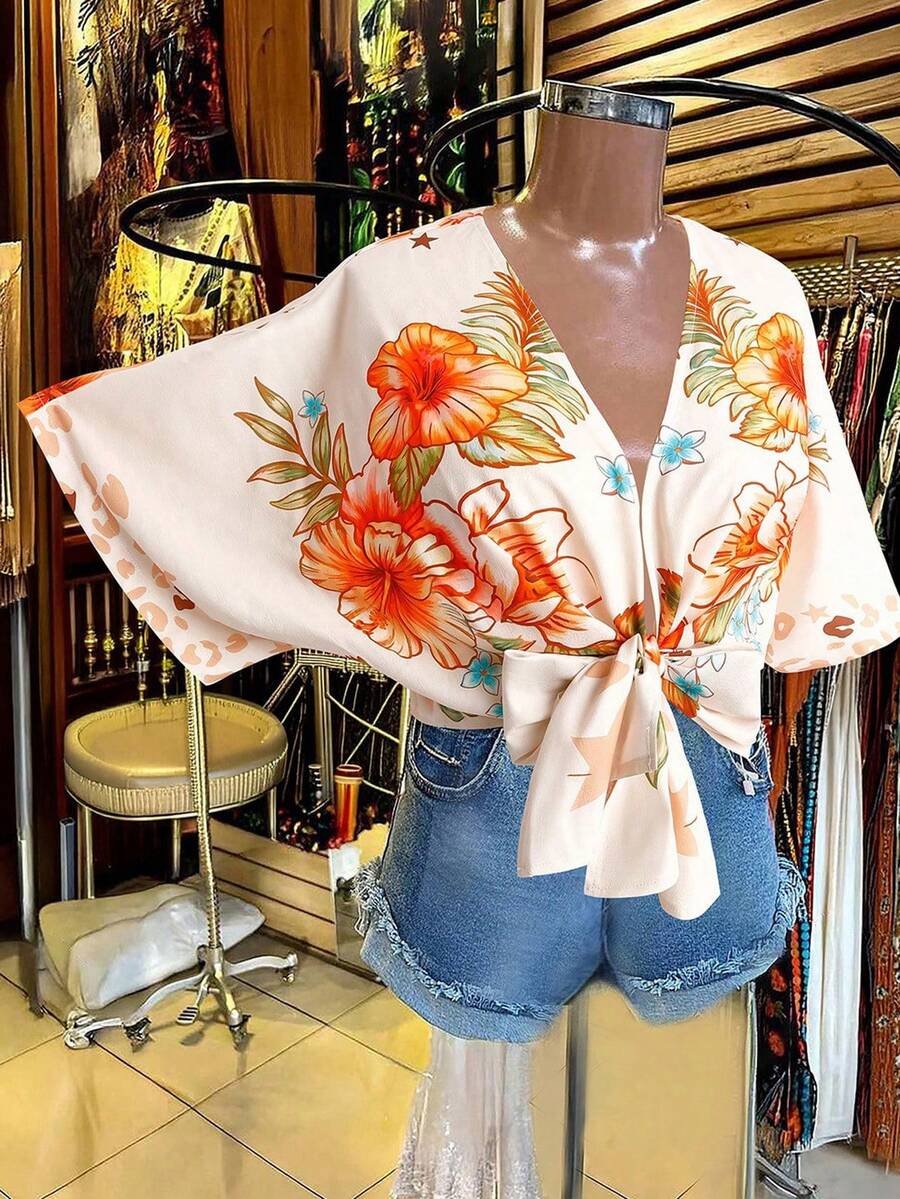 Franclia Áo sơ mi tay ngắn in họa tiết, kiểu dáng thường ngày, cỡ lớn, thắt nơ phía trước, thích hợp cho kỳ nghỉ. - Màu be - Xem 1