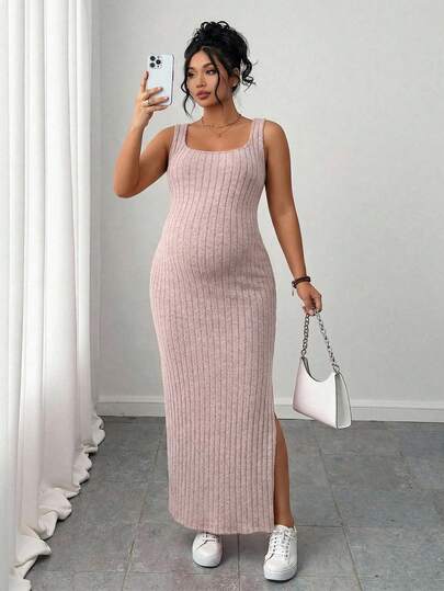 SHEIN Vestido casual de verano con abertura lateral acanalada para mujeres embarazadas de talla grande