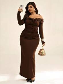 Auralis Plus-Size Women's Brown,Autumn,Elegant,Night Out Club Mermaid Maxi Dress,One-Shoulder Twisted Pleated Long-Sleeved Mesh Fitted Floor-Length Clothing - Brown - View 5