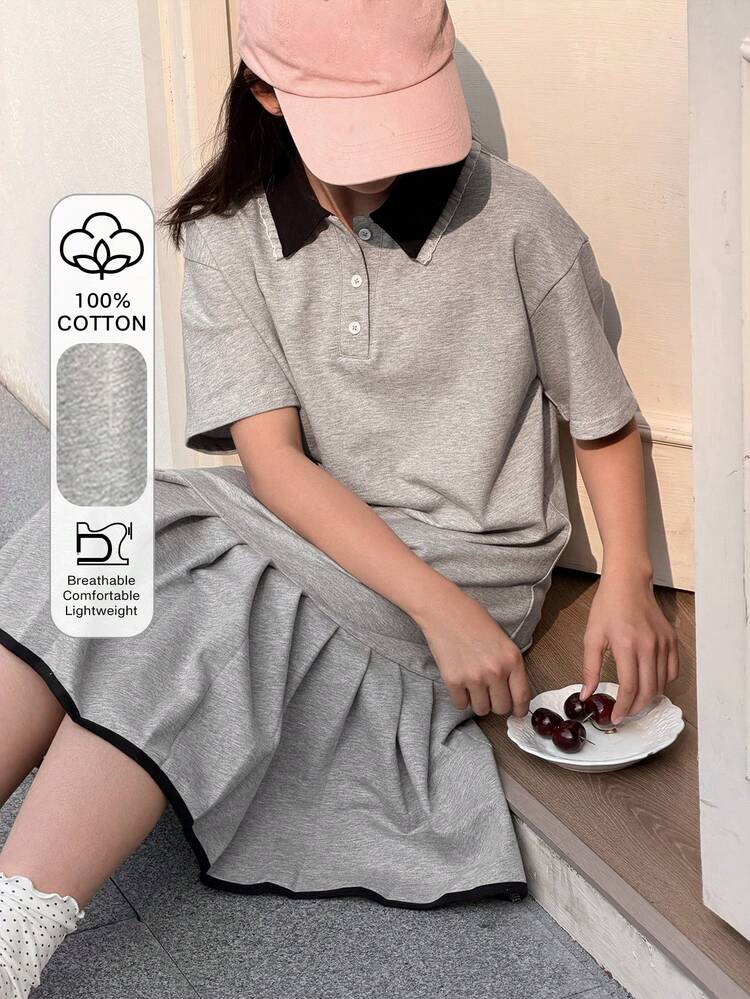 Tween Girl Solid Color Polo Collar Button Half Placket Pleated Casual Vacation Everyday Short Sleeve Dress