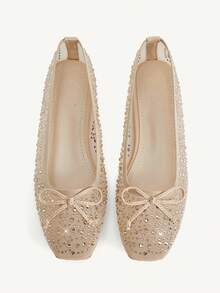 CUCCOO CHICEST Women Shoes Spring And Summer Fashion Apricot Full Rhinestone Mesh Yarn Small Bow Women's Flat Shoes Elegant Comfortable Breathable Cute Sweet Flat Women's Shoes Elegant Shoes Wedding Shoes Spring Shoes Bride Shoes - Apricot 2 - View 1