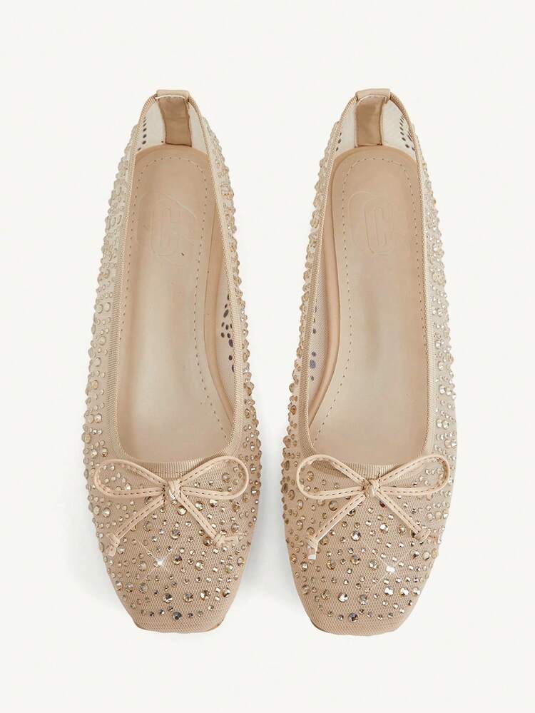 CUCCOO CHICEST Women Shoes Summer And Summer Fashion Apricot Full Rhinestone Mesh Yarn Small Bow Women's Flat Shoes Elegant Comfortable Breathable Cute Sweet Flat Women's Shoes Elegant Shoes Wedding Shoes Summer Shoes Bride Shoes