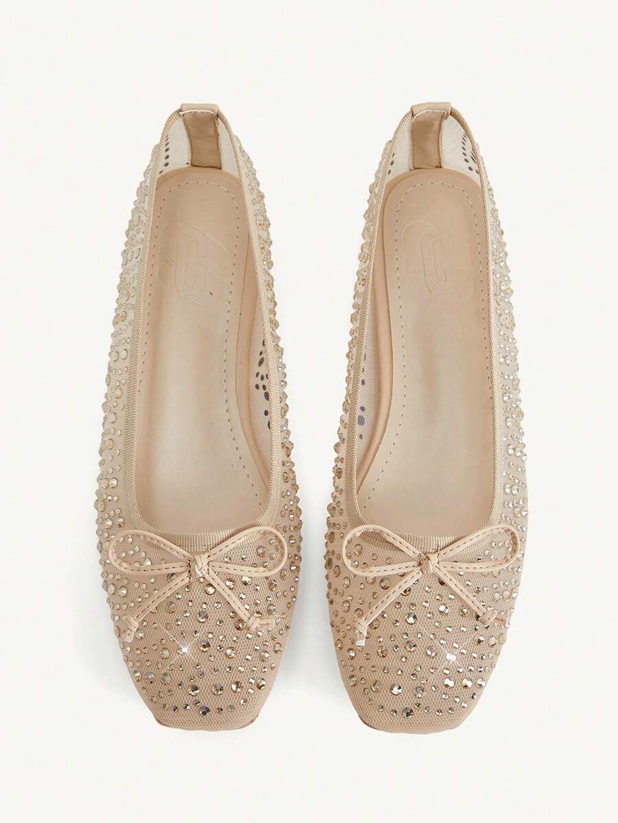 CUCCOO CHICEST Women Shoes Spring And Summer Fashion Apricot Full Rhinestone Mesh Yarn Small Bow Women's Flat Shoes Elegant Comfortable Breathable Cute Sweet Flat Women's Shoes Elegant Shoes Wedding Shoes Spring Shoes Bride Shoes - Apricot 2 - View 1