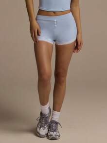 Fluxe Conjunto de 2 piezas de ropa deportiva con camiseta de tirantes con encaje y shorts para mujer - Celeste - Ver 9