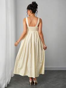 Momance Sleeveless Maternity Dress, Square Neck, Gathered Back, A-Line Hem, Digital Print Long Dress - Yellow - View 2