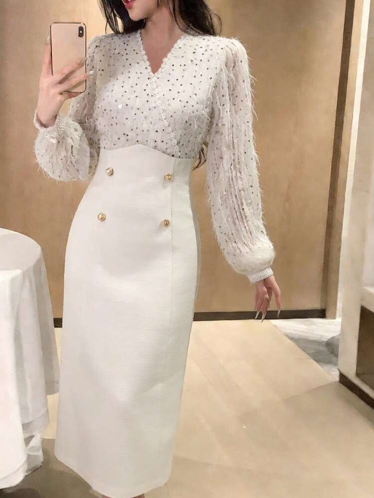 Elegant White Sequin V-Neck Luxury Sequin Mid-Length Dress For Women, Suitable For Graduation Ceremony, Wedding, And Party Events Sundress
