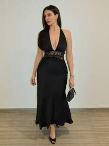 MDEdit 黑色性感深V领蕾丝镂空拼接鱼尾缎面连衣裙，适合鸡尾酒会、浪漫约会、聚会、正式活动、伴娘礼服、晚礼服、圣诞节、新年、情人节、下午茶会、黑色连衣裙、小黑裙 - 黑色 - 查看 1