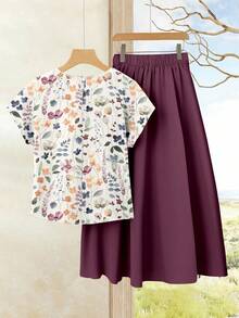 Rusticease 优雅花卉两件套：女士度假衬衫 + 配套紫色中长裙，女士夏季套装，夏季中长裙套装，中长裙衬衫套装，女士中长裙衬衫套装，印花中长裙套装 - 彩色 - 查看 2