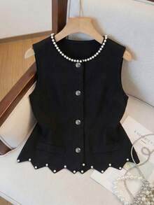 Elenzga Spring/Summer Women's Sleeveless Beaded Ruffle Hem Slim Fit Vest Top, Casual Everyday Top, Office Attire - Black - View 6