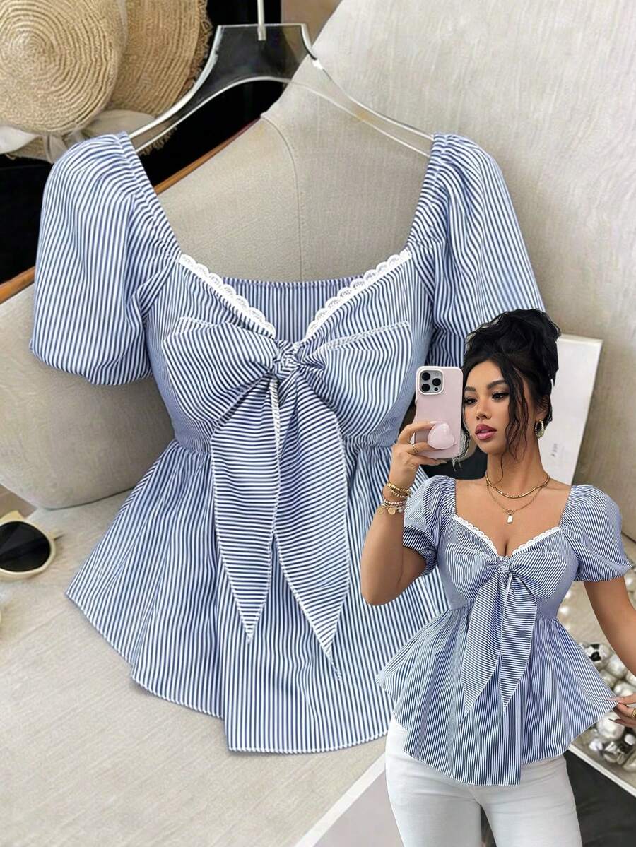 Elenzga New Arrival French Blue & White Striped Stylish Minimalist Design Square Neckline Bow Tie Waist Flattering Puff Sleeve Casual Everyday Blouse For Women - Blue and White - View 1
